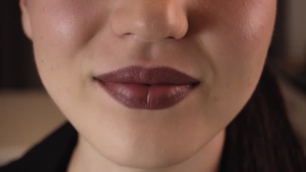 Lippen Van Een Jonge Vrouw Van Dichtbij Heldere Bordeaux Lippen — Stockvideo