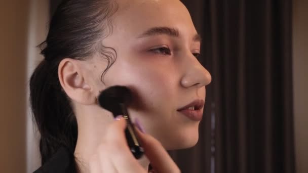 一个年轻女人的脸特写 专业的化妆品适用于妇女 脸红了 漂亮的发型 — 图库视频影像