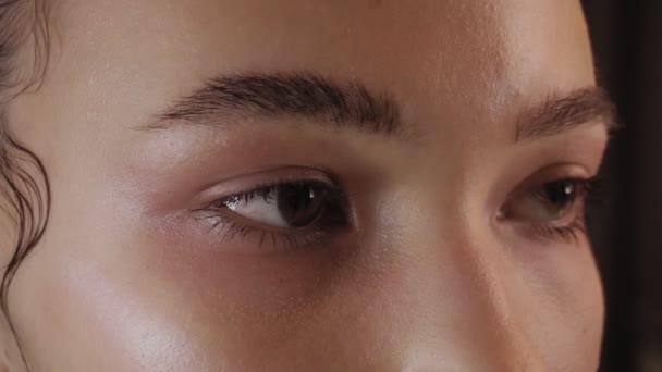 Очі Молодої Красивої Жінки Крупним Планом Професійний Макіяж Красиве Волосся — стокове відео