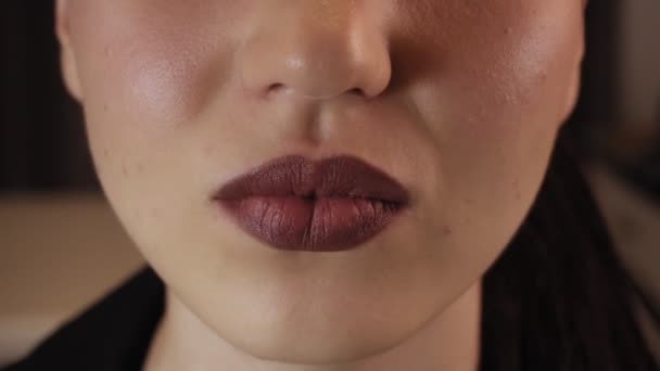 Lippen Van Een Jonge Vrouw Van Dichtbij Heldere Bordeaux Lippen — Stockvideo