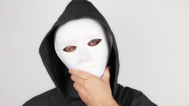 Man Scary Theater Mask Looking Camera Man Takes His Mask — Stok Video