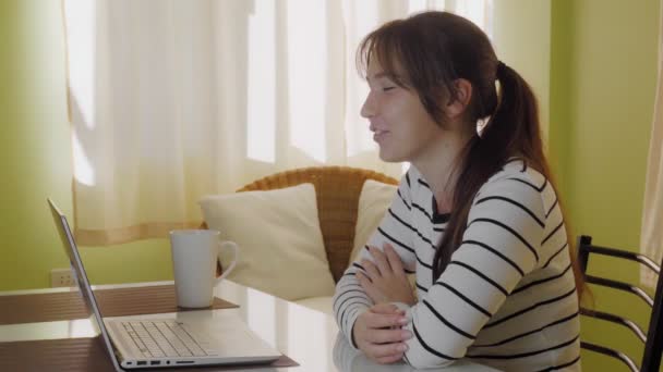 Una Mujer Joven Está Videoconferencia Mientras Está Sentada Casa Mientras — Vídeos de Stock