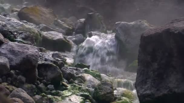 Activiteit van natuurlijke vulkanische zwavelhoudende warmwaterbronnen, wolken van heet gas, stoom. — Stockvideo