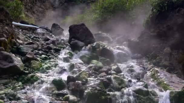 Activity of natural volcanic sulfuric hot springs, clouds of hot gas, steam. — Stock Video