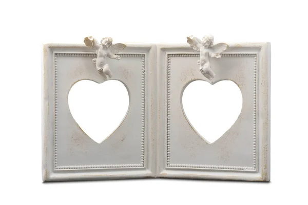 Fehér vintage fotó keret angyalok két fotó alakú szív fehér háttér — Stock Fotó