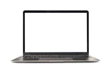 Mock up of modern laptop with white empty screen on white background stock photo clipart