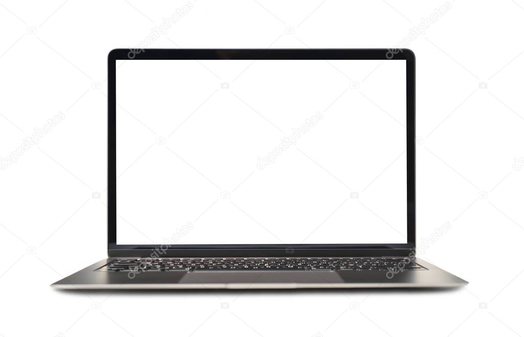 Mock up of modern laptop with white empty screen on white background stock photo