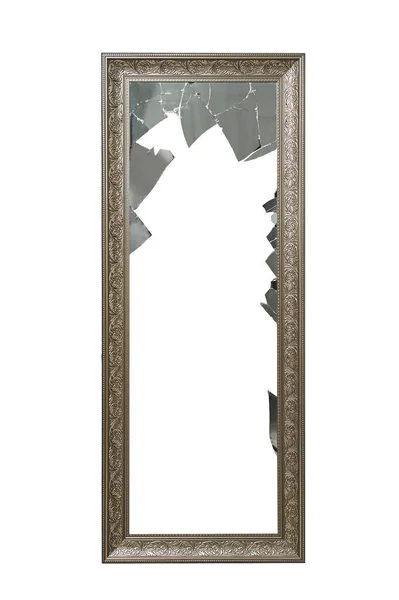 Espelho quebrado no vintage moldura dourada no fundo isolado branco — Fotografia de Stock