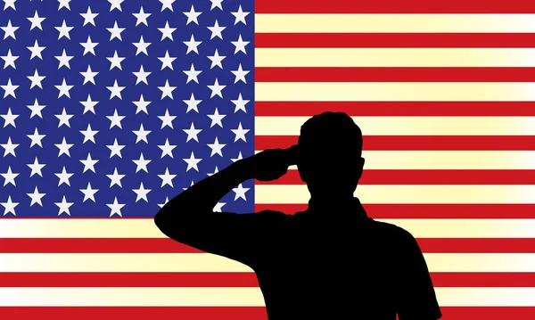 アメリカ軍の背景の前でアメリカ軍兵士が敬礼 — ストックベクタ