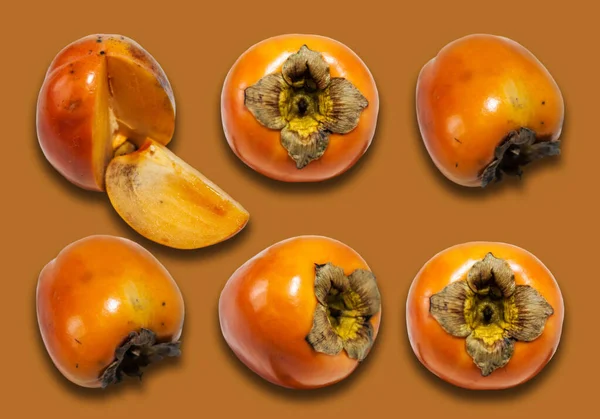 Fris Rijp Geheel Persimmon Sharon Geel Oranje Achtergrond Met Kopieerruimte — Stockfoto