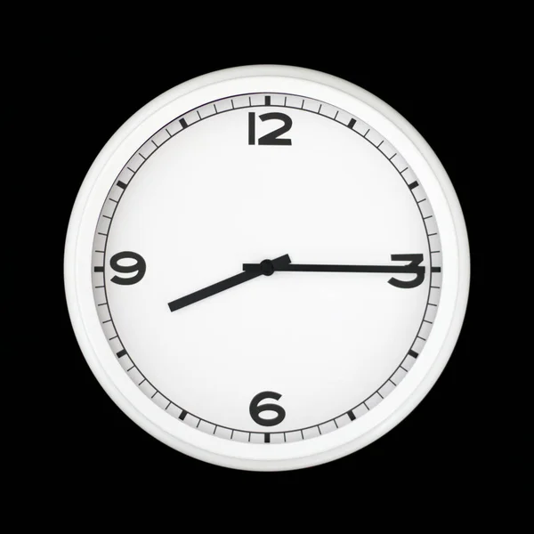 Reloj Pared Analógico Redondo Blanco Aislado Sobre Fondo Negro Sus —  Fotos de Stock
