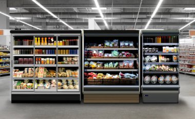 Dondurucu, süpermarketteki Interfridge. Soğutucuda üç çeşit yiyecek, kutu içinde fast-food ve meyve suyu barı buzdolabı. Grafik tasarım karşılaştırmalı analiz için uygun ayrıca güç noktası sunumları için de güzel..