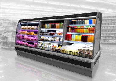 Dondurucu, süpermarketteki Inter buzdolabı. Model paketleme, grafik tasarım karşılaştırma analizi için de uygundur. Güç noktası sunumları için de uygundur..