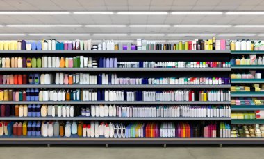 Deodorant, şampuan, dezenfeksiyon kiti, süpermarkette raflarda bulunan cilt bakımı ve kozmetik şişeleri. Birçok yeni ürün ve etiket tasarımının sunumu için uygun. 