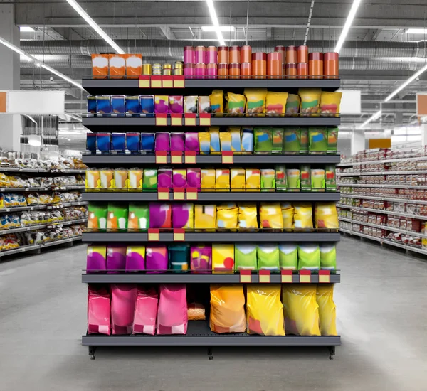 Huisdieren Food Shelf Supermarkt Geschikt Voor Het Presenteren Van Nieuwe — Stockfoto