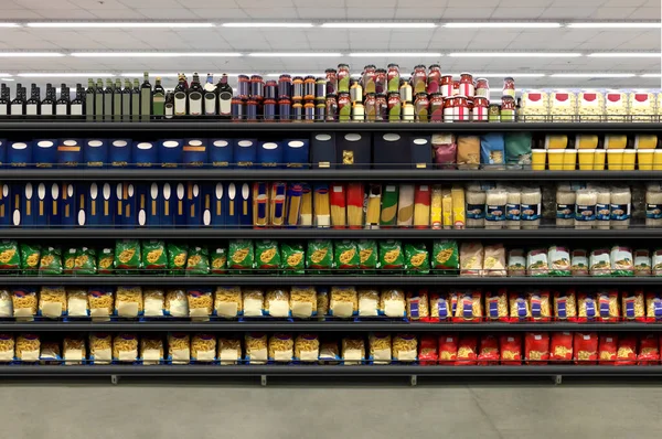 Imballaggio Della Pasta Planogramma Sullo Scaffale Supermercato Adatto Presentare Nuovi — Foto Stock
