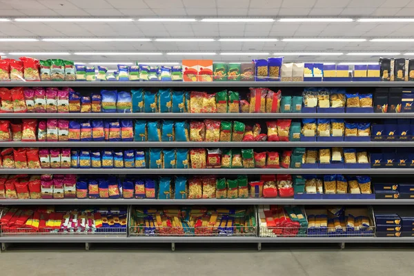 Planograma Embalagem Massas Prateleira Supermercado — Fotografia de Stock