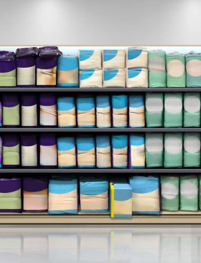 Diapers on shelf in supermarket interior. 3D rendering Suitable for presenting new Diapers for babies.Showing new brand label among many others.  clipart