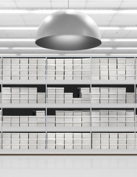 Shoebox on shelf in shoestore interior. 3D rendering Suitable for using it while presenting interior of new shoestore.Showing new shoes and  brand label among many others. 