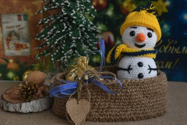 Neujahrskomposition Neujahrskarte Schneemann — Stockfoto