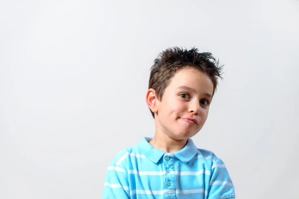 Boy Blue Shirt Curved Looking Camera — Stock Photo, Image