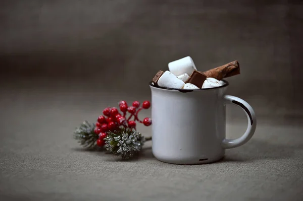 Vista Ainda Vida Lado Caneca Com Chocolate Quente Marshmallows Perto — Fotografia de Stock