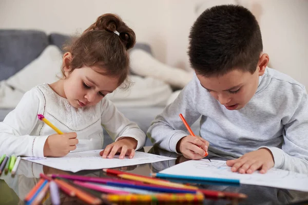 Dos Hermosos Niños Dibujando Dibujos Con Lápices Color —  Fotos de Stock