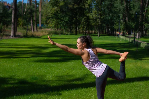 Seitenblick Auf Eine Junge Frau Die Yogaposition Auf Einem Gänsegras — Stockfoto
