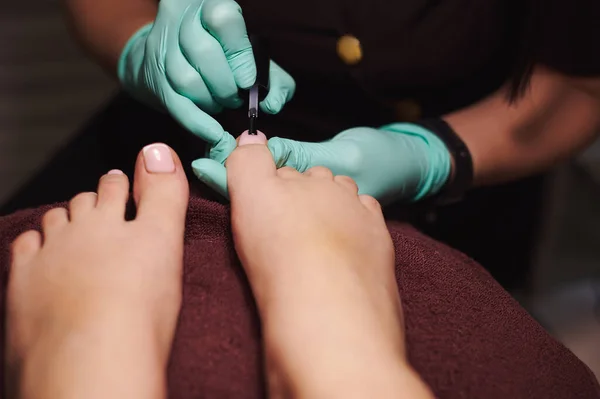 Pedicure of woman\'s legs in beauty spa salon. Nail polishing closeup