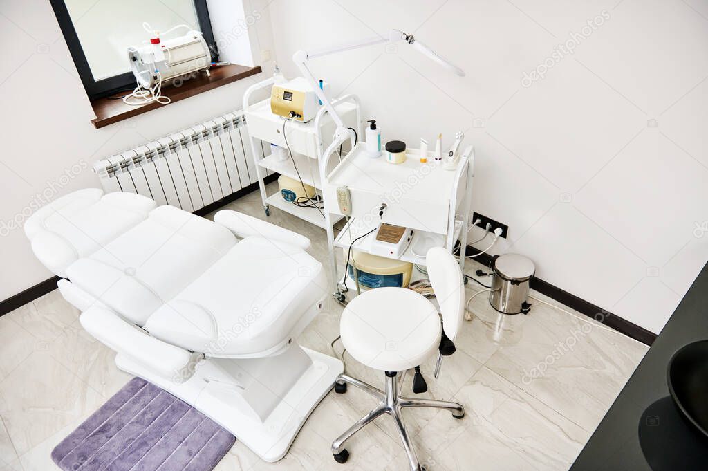 High angle view of a contemporary cosmetology room with professional equipment in the dermatology and cosmetology SPA clinic