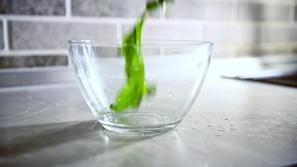 Spadające Świeże Zielone Liście Szpinaku Przezroczystej Szklanej Misce Filmik Wolnymi — Wideo stockowe