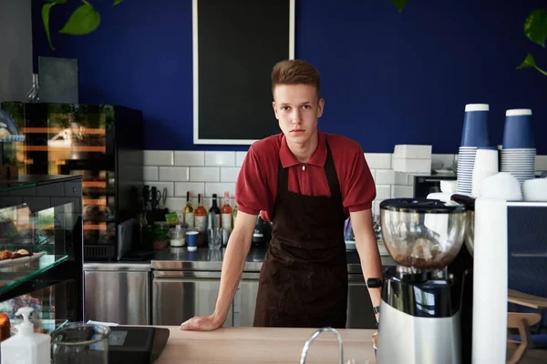 Retrato Profesional Joven Barista Entrenado Detrás Mostrador Bar Cafetería Conceptos —  Fotos de Stock