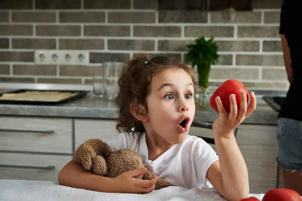 Cute Baby Girl Hugging Her Soft Plush Toy Looking Ripe — Stock Photo, Image