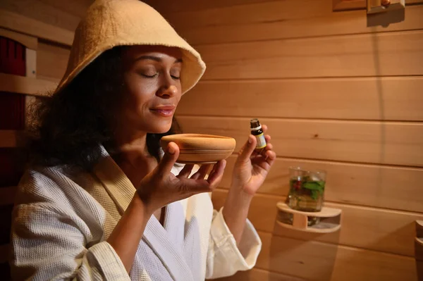 Beautiful Serene Latin American Woman Enjoys Aroma Essential Oil Wooden — Stock Photo, Image