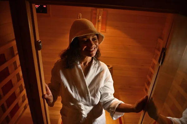 Smiling African American Ethnicity Woman Infrared Wooden Sauna Spa Treatment — Stock Photo, Image