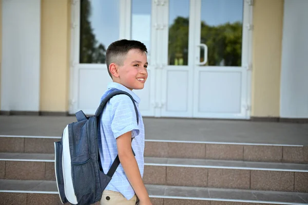 Knappe Basisschoolstudent Die Trap Staat Voor Een Schoolgebouw Wegkijkt Begrepen — Stockfoto