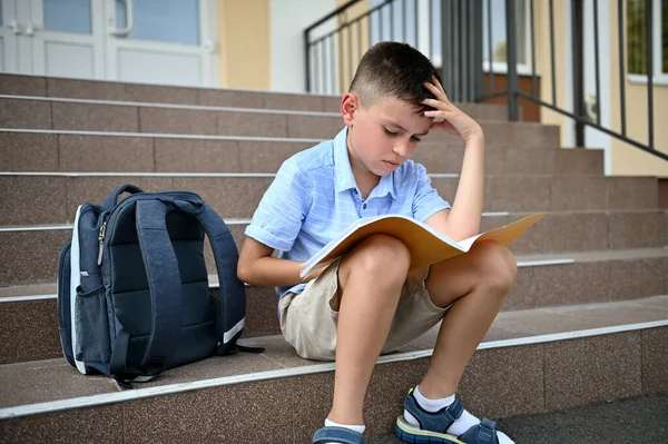 学校の階段に座っている間 ノートに宿題をする小学生 学校の少年を困惑させました — ストック写真