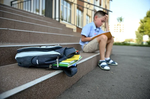 Vuelta Concepto Escolar Muchacho Preocupado Con Mochila Haciendo Tarea Bolso —  Fotos de Stock