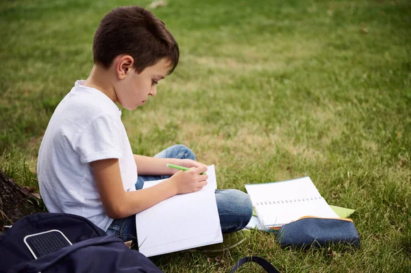 小学生の少年は宿題をすることに集中し 市内公園の緑の芝生の上に学校用品や前景にワークブック付きのバックパックがある鉛筆ケースの隣に座っていました 学校のコンセプトに戻る — ストック写真