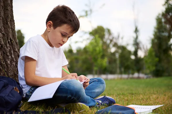 Adorable Niño Preadolescente Inteligente Chico Guapo Haciendo Tarea Escribiendo Libro —  Fotos de Stock