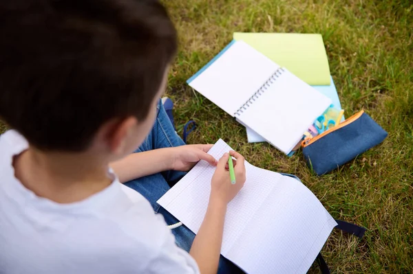 Vista Aérea Del Niño Escuela Escribiendo Hojas Vacías Blanco Libro —  Fotos de Stock