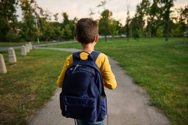 公園の道を歩いて通学する通学用バックパック付きの少年の背中からの眺め — ストック写真