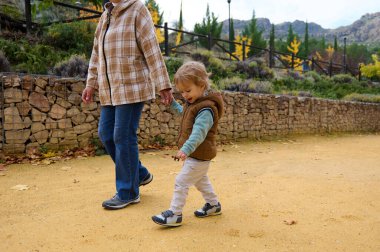 Şefkatli bir anne, çocuğunu güneşli bir sonbahar parkında gezdirir. Taş bir duvarın kenarındaki çakıl yolda yürürler, aile zamanlarını ve birlikte keşfe çıkmanın basit zevkini yaşarlar..
