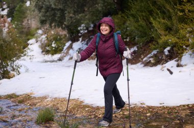 Kestane rengi ceketli gülümseyen bir yürüyüşçü yürüyüş direğiyle karlı bir orman yolunda yol alır. Sırt çantası ve eldiven takıyor, kışın kışın serin yürüyüşünün tadını çıkarıyor..