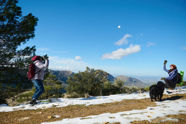 Bright day on a snowy hilltop with mountains in the distance. A hiker throws a snowball while a friend sits with a dog, enjoying the outdoors.