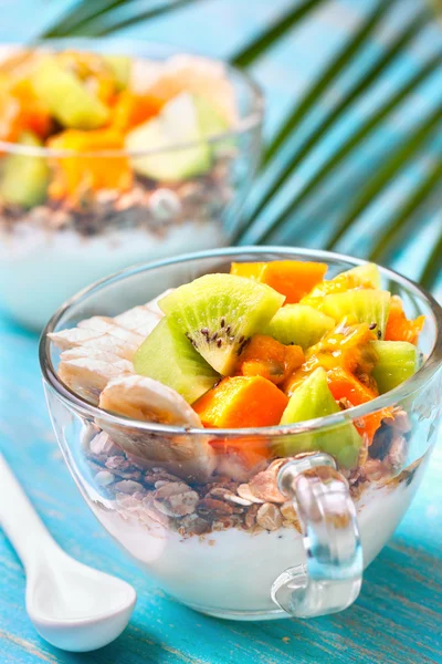 Frühstück mit Müsli, Joghurt, tropischen Früchten — Stockfoto