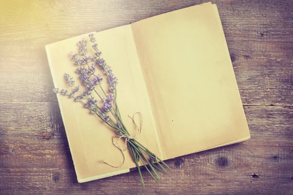 在一本旧书上熏衣草的花束 — 图库照片