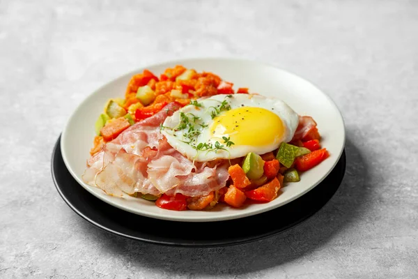 Hash Breakfast Sweet Potato Zucchini Fried Egg White Plate Gray Fotos de stock libres de derechos