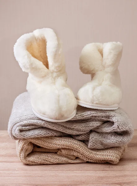 Winter sheepskin slippers (Selective focus) — Stock Photo, Image