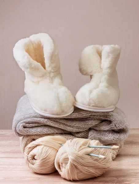 Winter sheepskin slippers (Selective focus) — Stock Photo, Image